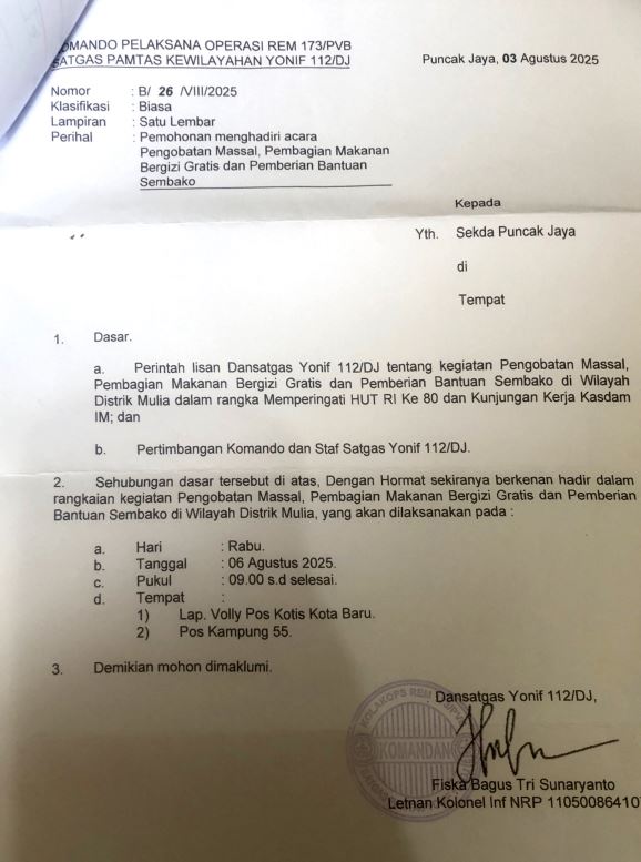 Kunjungan Kerja Kasdam Iskandar Muda dalam rangka meninjau Kinerja Satgas 112/DJ di Puncak Jaya di Bandara Mulia