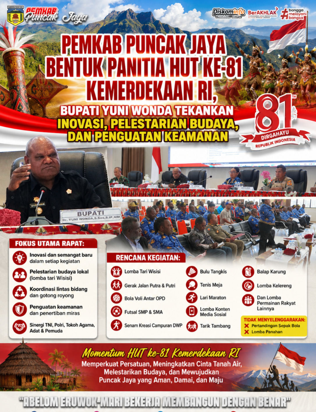 BENTUK PANITIA HUT KE-81 KEMERDEKAAN R1, BUPATI YUNI WONDA TEKANKAN INOVASI, PELESTARIAN BUDAYA, DAN PENGUATAN KEAMANAN