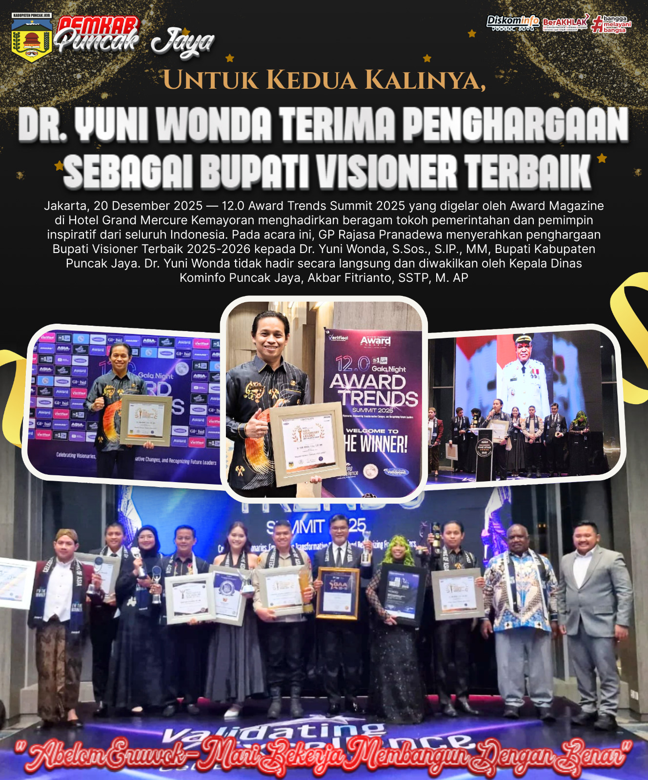 Bupati Dr. Yuni Wonda Terima Bupati Visioner Terbaik 2025-2026 di 12.0 Award Trends Summit 2025