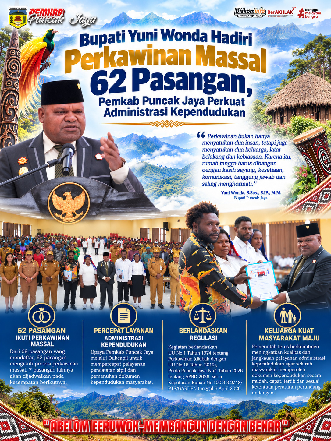 Bupati Yuni Wonda Hadiri Perkawinan Massal 62 Pasangan, Pemkab Puncak Jaya Perkuat Administrasi Kependudukan