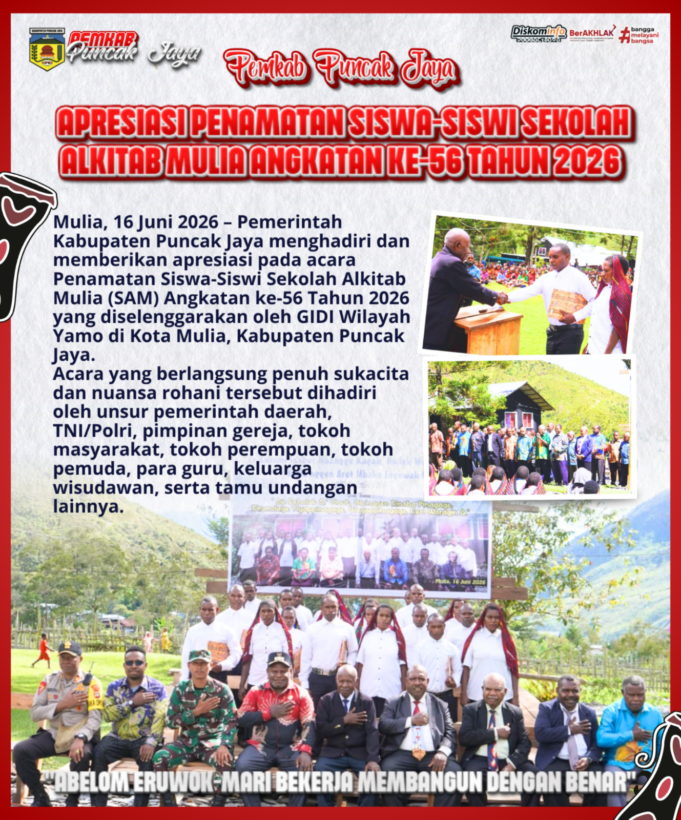 PEMKAB PUNCAK JAYA APRESIASI PENAMATAN SISWA-SISWI SEKOLAH ALKITAB MULIA ANGKATAN KE-56 TAHUN 2026
