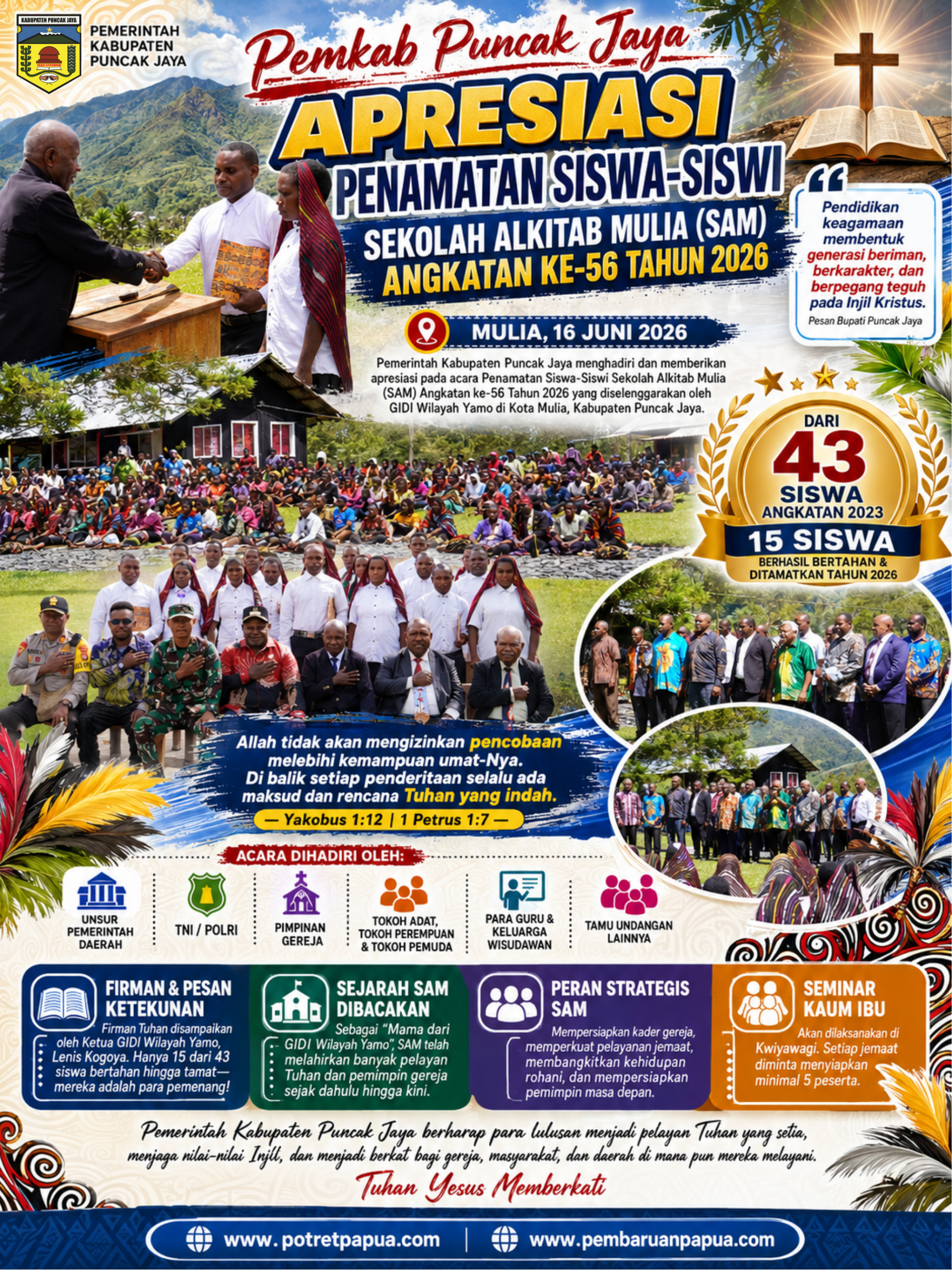 PEMKAB PUNCAK JAYA APRESIASI PENAMATAN SISWA-SISWI SEKOLAH ALKITAB MULIA ANGKATAN KE-56 TAHUN 2026