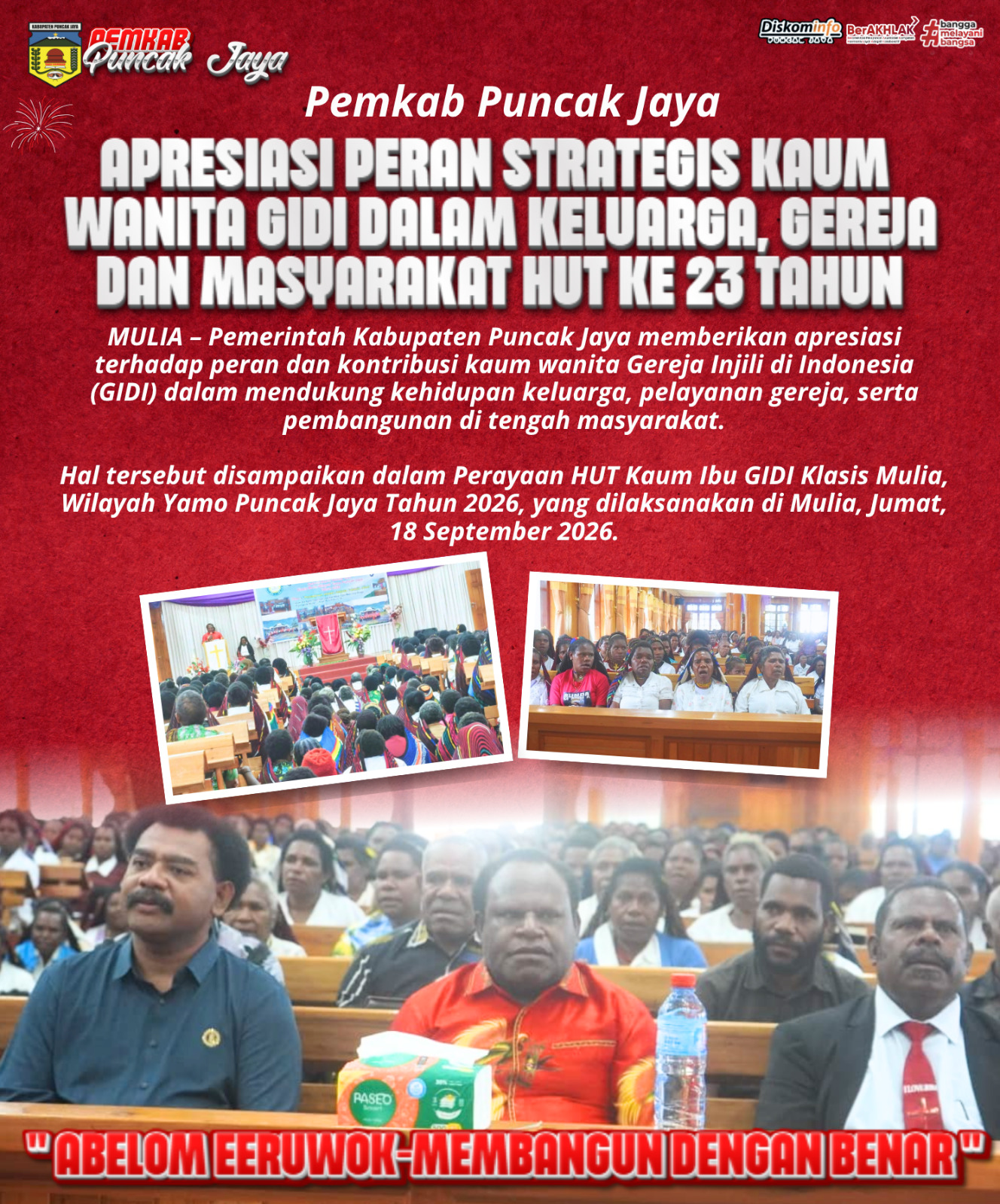 Pemkab Puncak Jaya Apresiasi Peran Strategis Kaum Wanita GIDI dalam Keluarga, Gereja dan Masyarakat hut ke 23 tahun