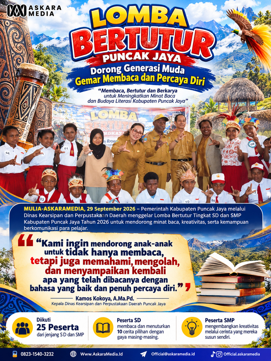 Pemkab Puncak Jaya Dorong Generasi Muda Gemar Membaca melalui Lomba Bertutur Tingkat SD dan SMP