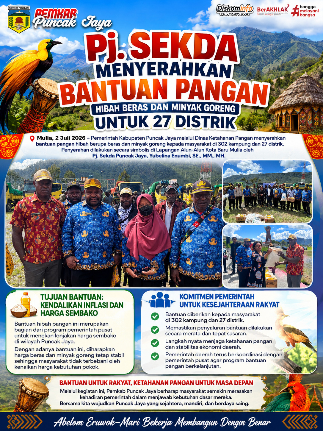 PJ. SEKDA MENYERAHKAN BANTUAN PANGAN HIBAH BERAS DAN MINYAK GORENG UNTUK 27 DISTRIK