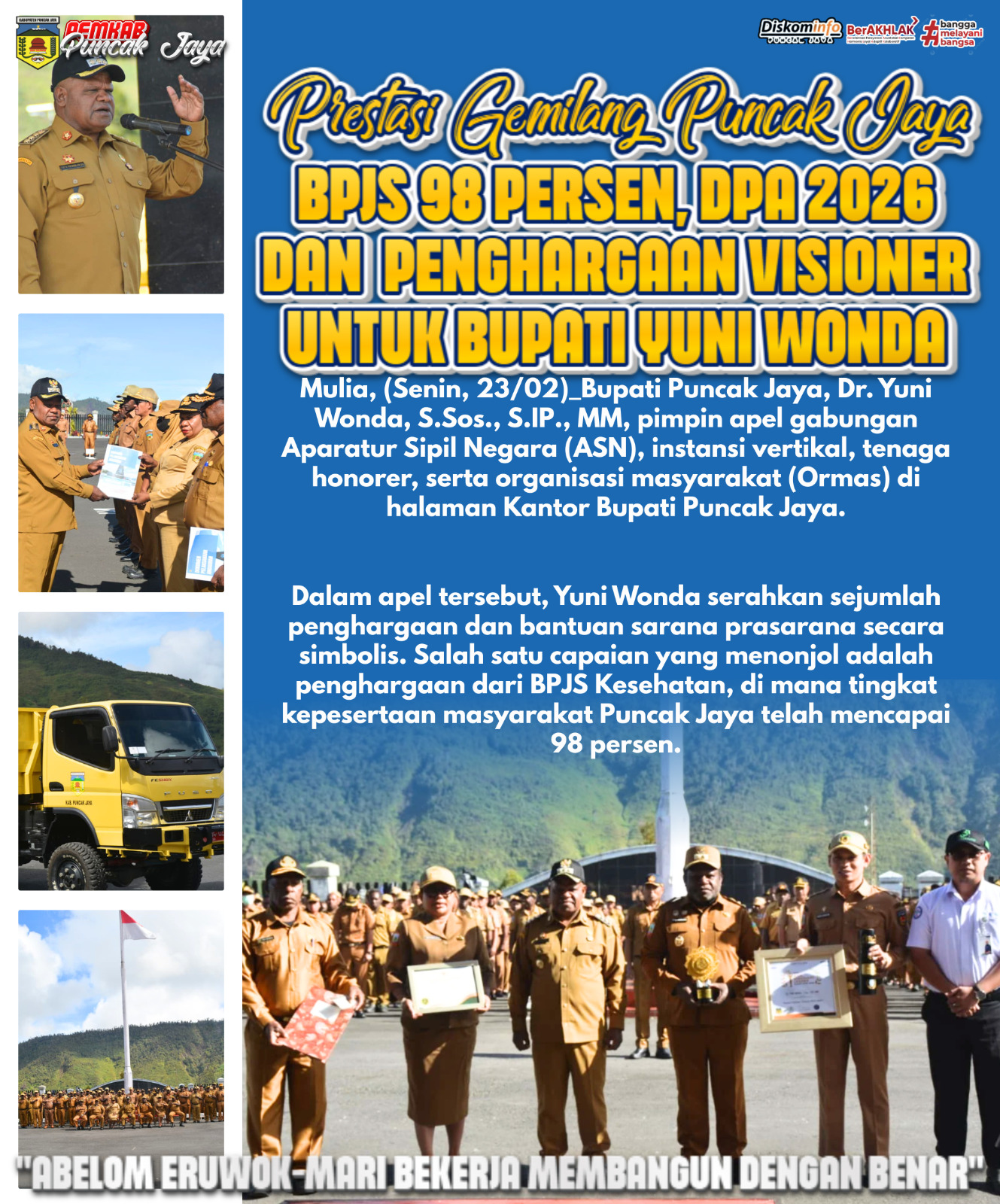 PRESTASI GEMILANG PUNCAK JAYA: BPJS 98%, DPA 2026 DAN PENGHARGAAN VISONER UNTUK BUPATI YUNI WINDA
