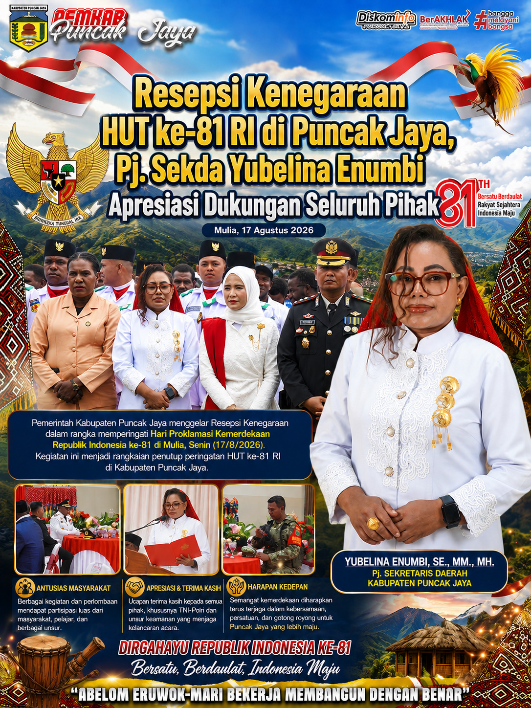 Resepsi Kenegaraan HUT ke-81 RI di Puncak Jaya, Pj. Sekda Yubelina Enumbi Apresiasi Dukungan Seluruh Pihak