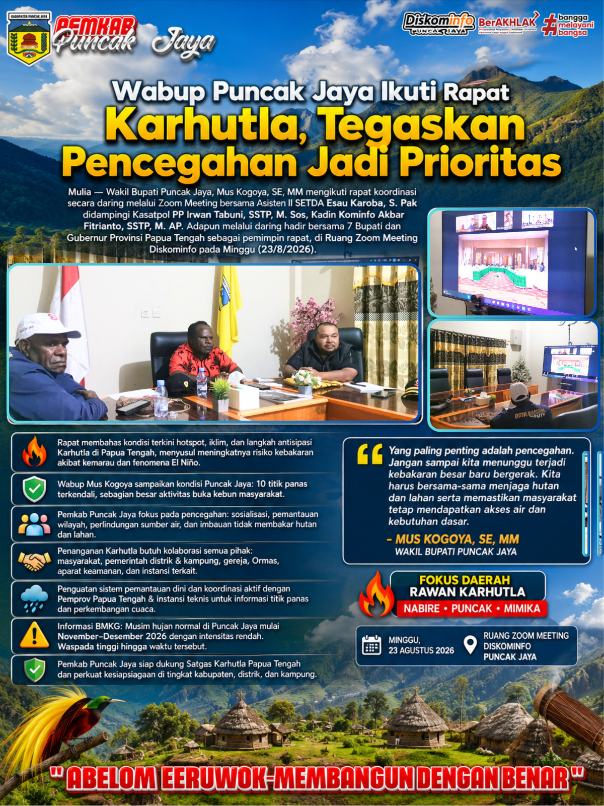 Wabup Puncak Jaya, Mus Kogoya Ikuti Zoom Satgas Penanganan Karhutla Papua Tengah, Sampaikan Hal ini